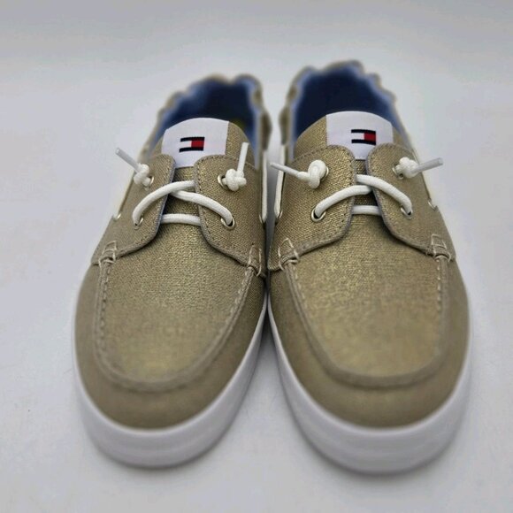 Tommy Hilfiger Womens Slip-On Gold Shimmer Preppy Boat Shoes 9 Logo Loafers New - Picture 2 of 9